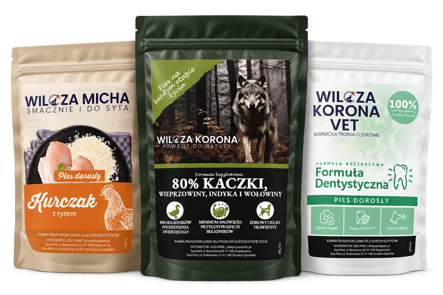 Wizualizacja opakowań Wilcza Micha, Wilcza Korona i Wilcza Korona VET