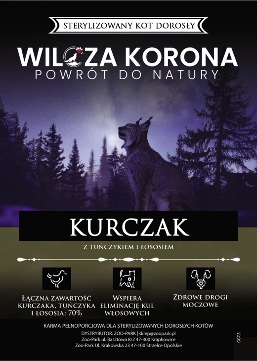 Etykieta Wilcza Korona: Kurczak, Sterylizowany kot dorosły