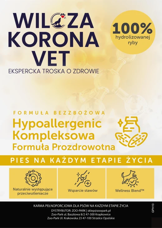 Etykieta Wilcza Korona VET: Hypoallergenic, Pies na każdym etapie życia