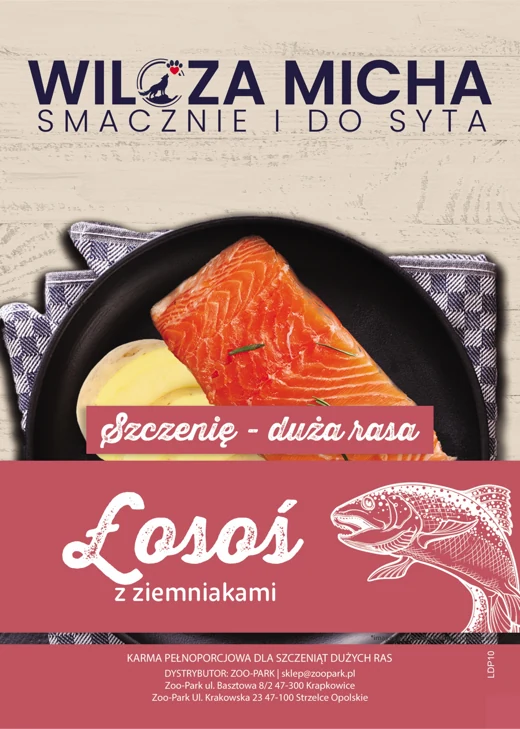 Etykieta Wilcza Micha: Łosoś, Szczenię — duża rasa