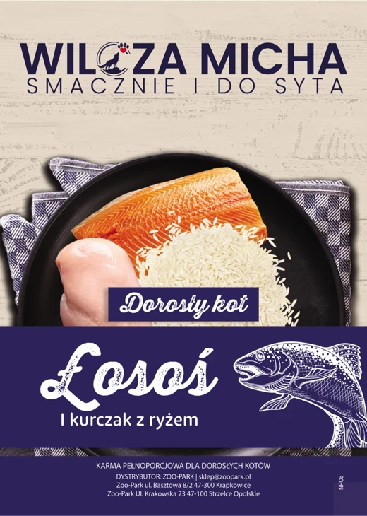Etykieta Wilcza Micha: Łosoś i kurczak, Dorosły kot