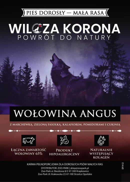 Etykieta Wilcza Korona: Wołowina Angus, Pies dorosły — mała rasa